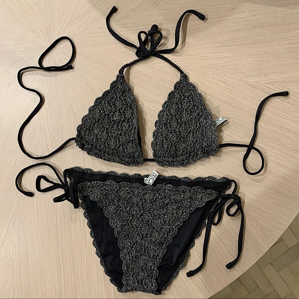 Becca, vintage knit triangle top bikini with silver shiny thread